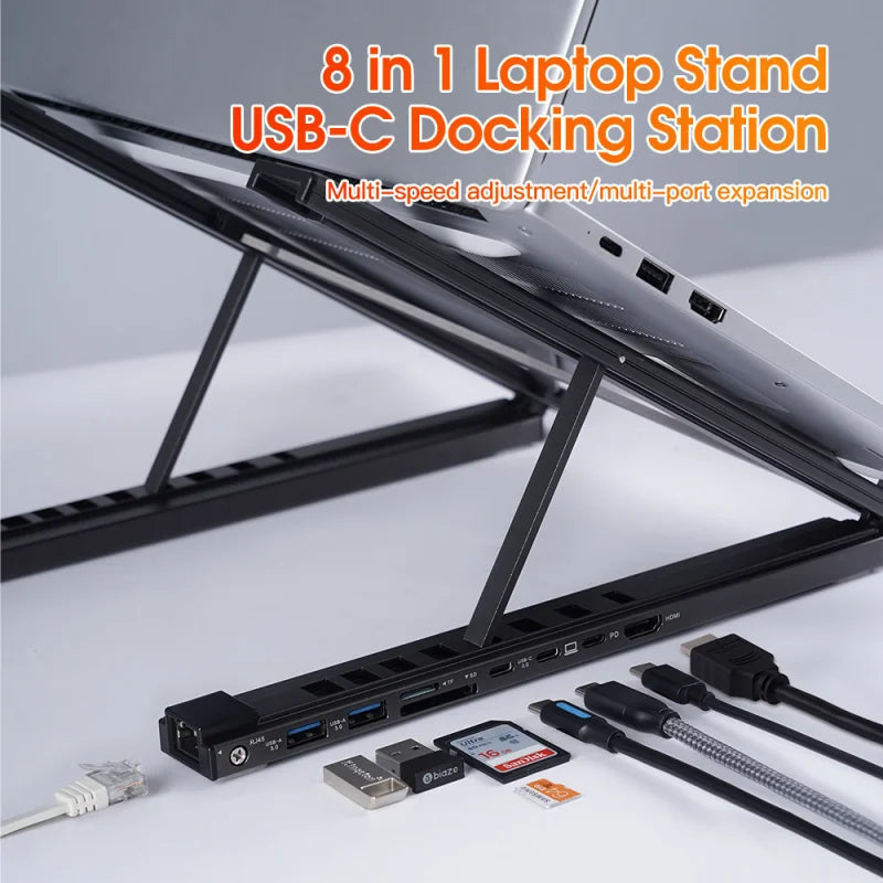 8-in-1 Aluminum Docking Station & Laptop Stand with USB-C/Hub/HDMI, Cooling Pad & Tablet Holder (Universal)