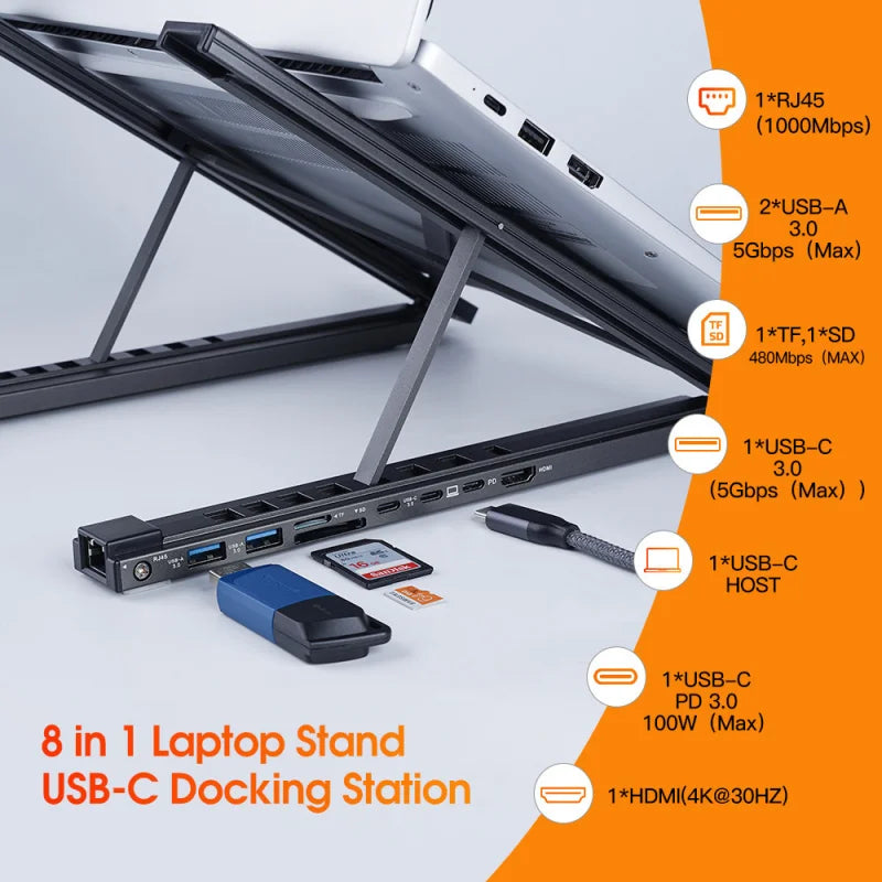 8-in-1 Aluminum Docking Station & Laptop Stand with USB-C/Hub/HDMI, Cooling Pad & Tablet Holder (Universal)