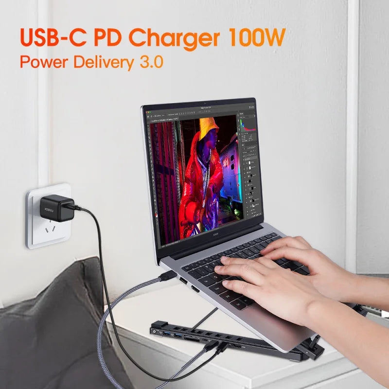 8-in-1 Aluminum Docking Station & Laptop Stand with USB-C/Hub/HDMI, Cooling Pad & Tablet Holder (Universal)