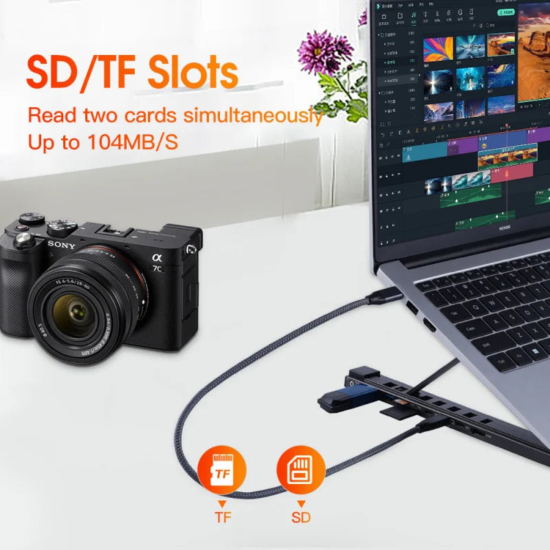 8-in-1 Aluminum Docking Station & Laptop Stand with USB-C/Hub/HDMI, Cooling Pad & Tablet Holder (Universal)